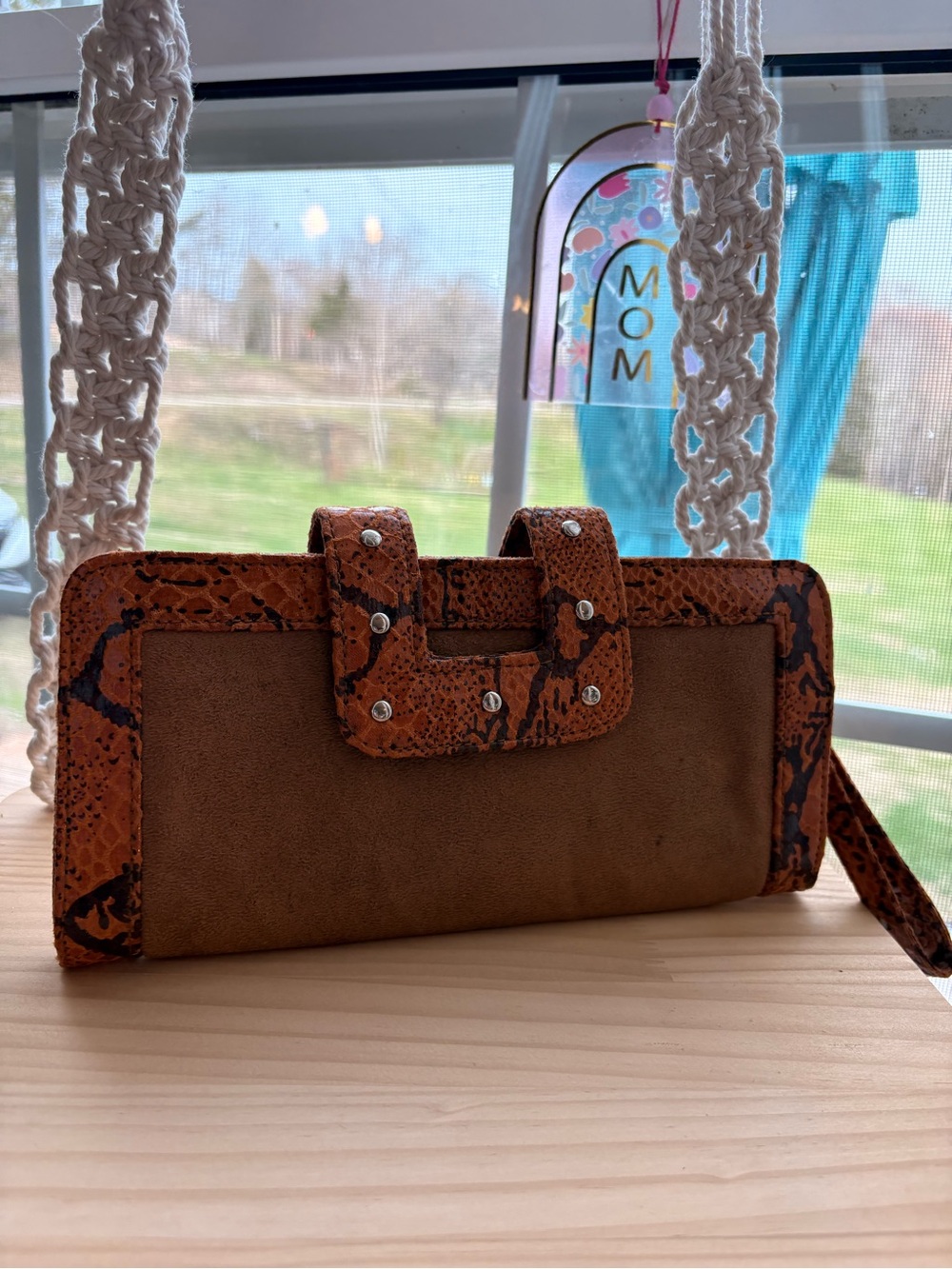 Glo by J Lo Women's Brown Suede Wristlet Wallet with Orange Snake-Print Trim